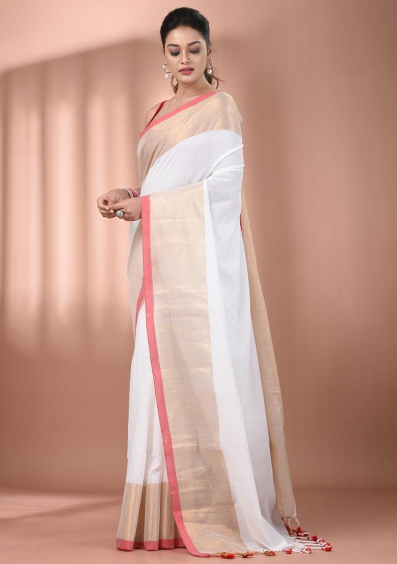 White Floral Embroidery Cotton Saree Set - Indya