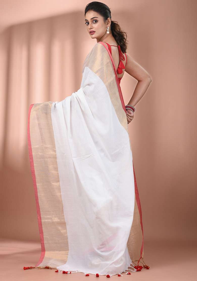 White Floral Embroidery Cotton Saree Set - Indya