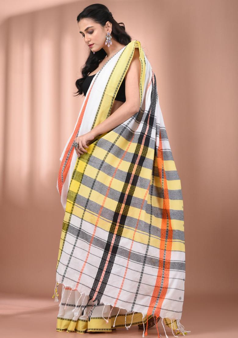 White Floral Embroidery Cotton Saree Set - Indya