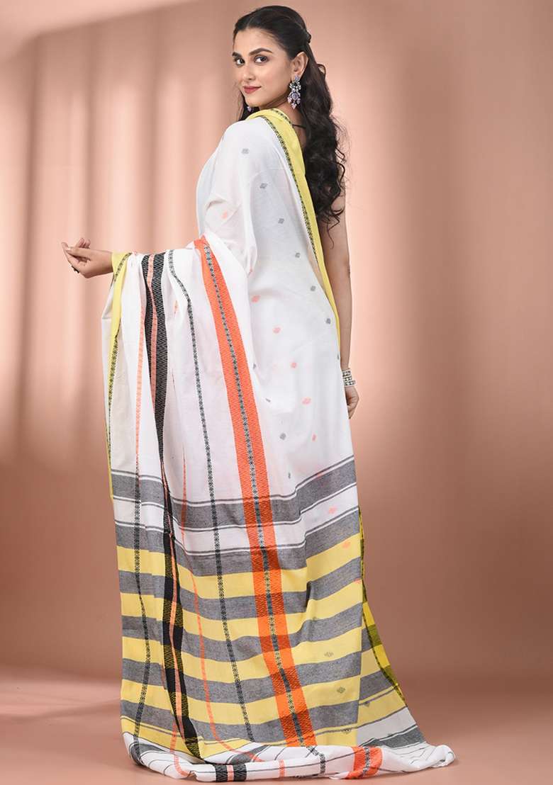 White Floral Cotton Saree Set with Embroidery for Diwali | Wedding & Festive Wear - Indya