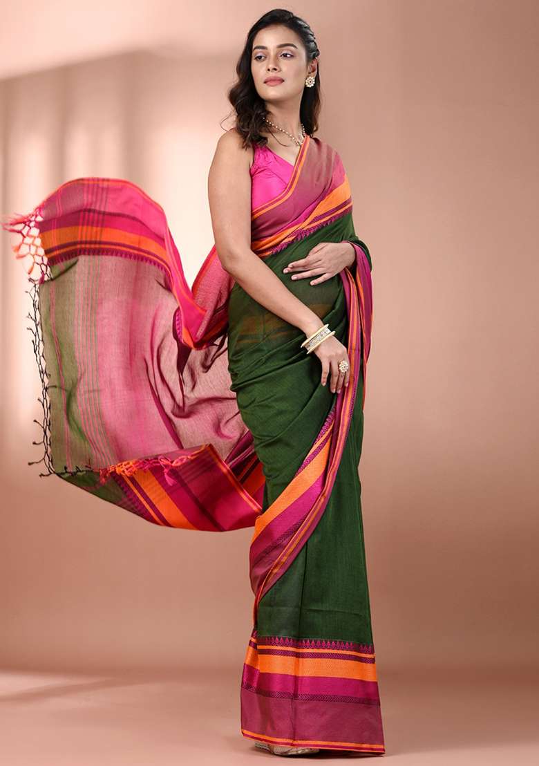 Green Floral Embroidery Cotton Saree Set for Diwali and Festive Wear - Indya