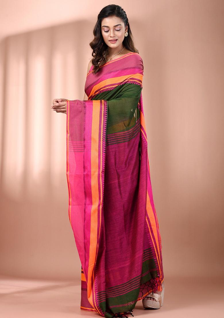 Green Floral Embroidery Cotton Saree Set - Indya