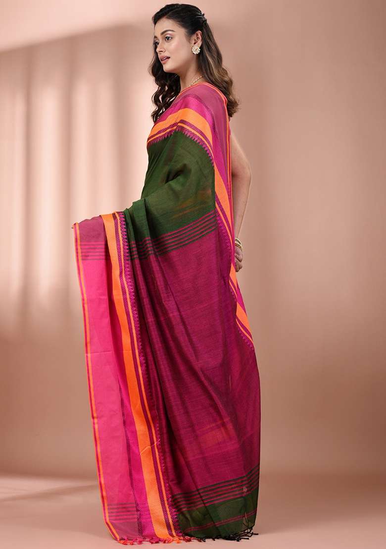 Green Floral Embroidery Cotton Saree Set for Diwali and Festive Wear - Indya