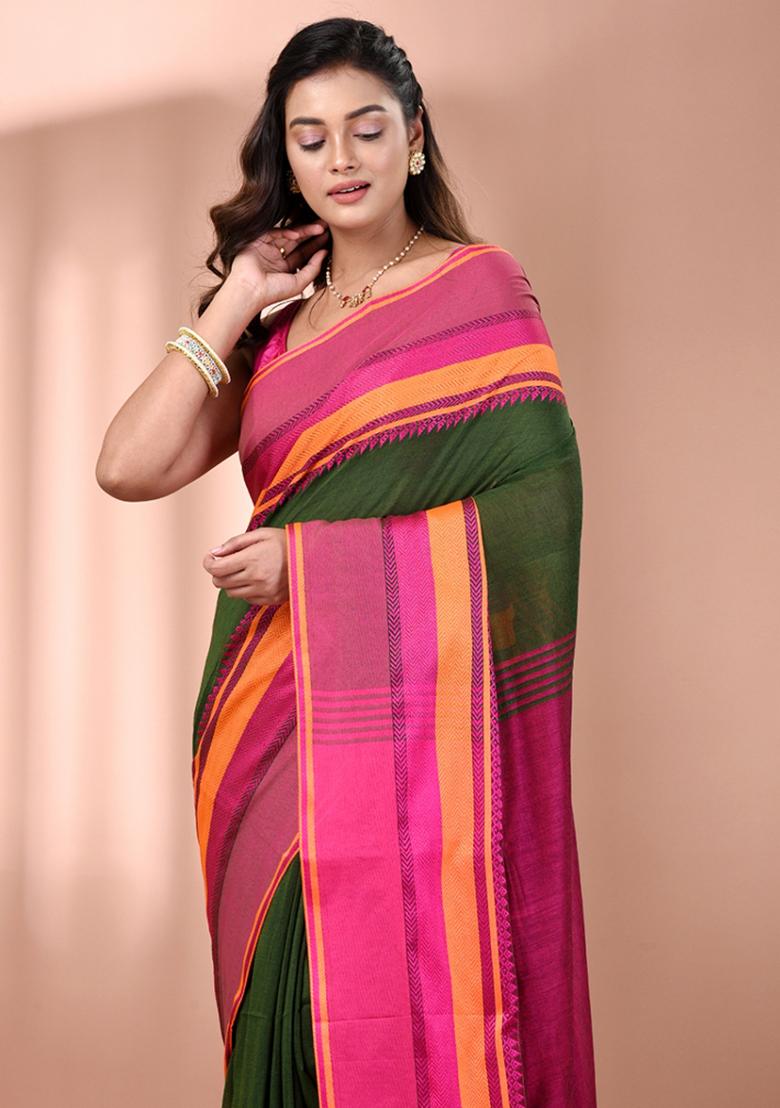 Green Floral Embroidery Cotton Saree Set - Indya