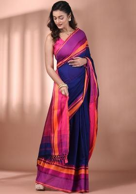 Blue Floral Embroidery Cotton Saree Set