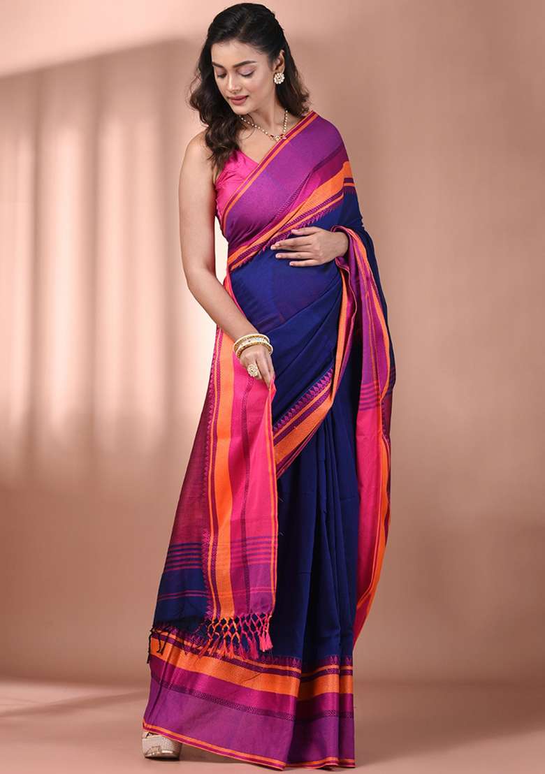 Blue Floral Cotton Saree Set with Embroidery for Diwali | Wedding & Festive Wear - Indya