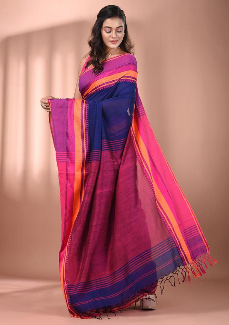 Blue Floral Embroidery Cotton Saree Set - Indya