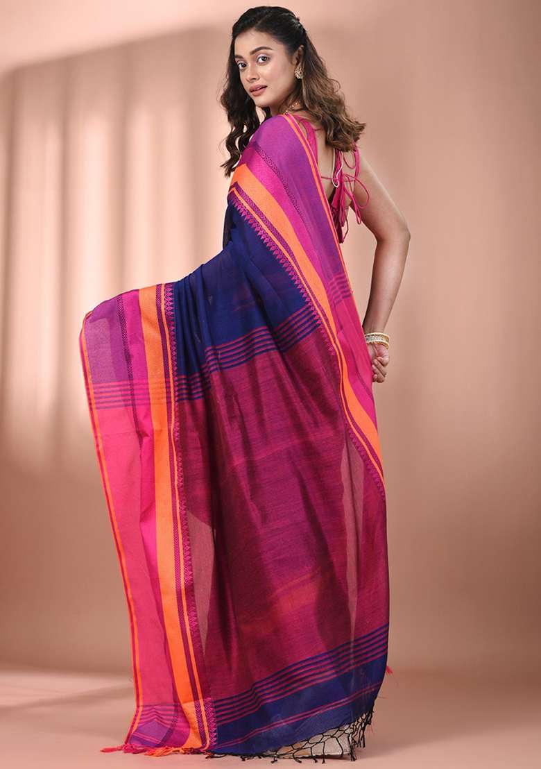 Blue Floral Cotton Saree Set with Embroidery for Diwali | Wedding & Festive Wear - Indya