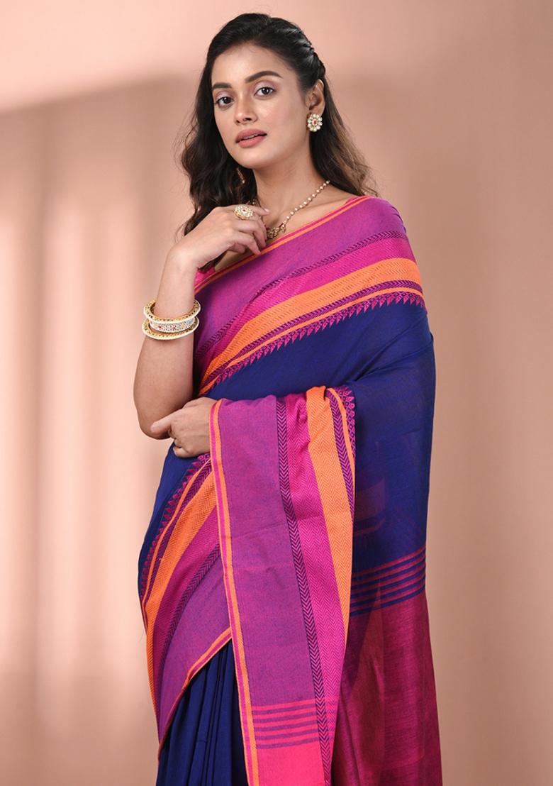 Blue Floral Embroidery Cotton Saree Set - Indya