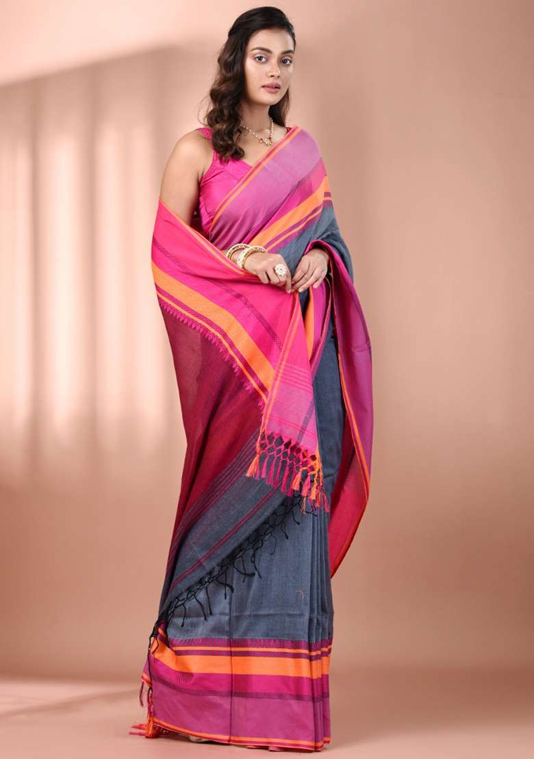 Grey Floral Embroidery Cotton Saree Set for Diwali and Festive Wear - Indya