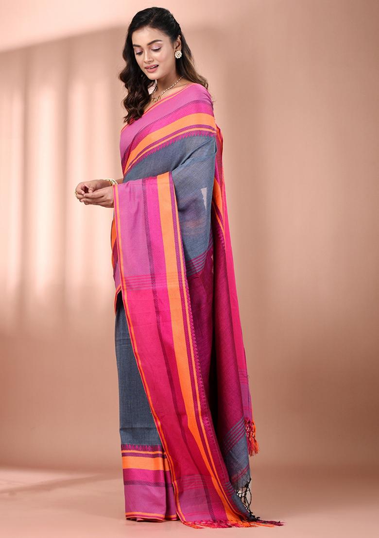 Grey Floral Embroidery Cotton Saree Set - Indya