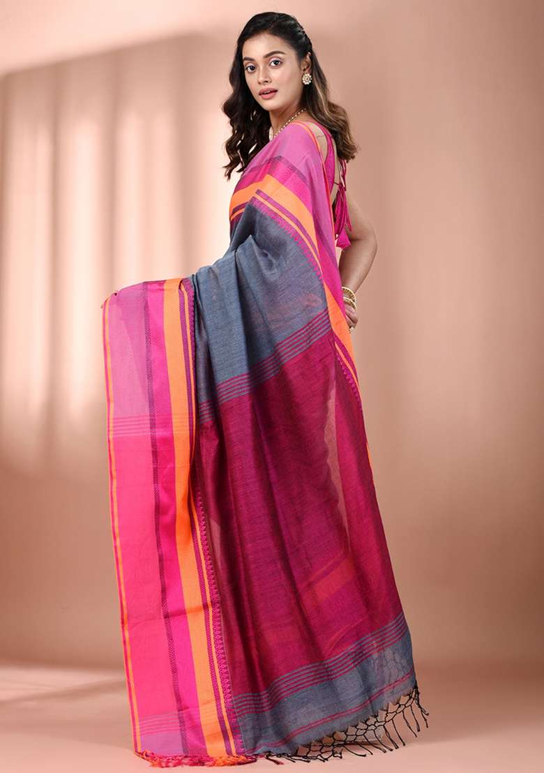 Grey Floral Embroidery Cotton Saree Set for Diwali and Festive Wear - Indya