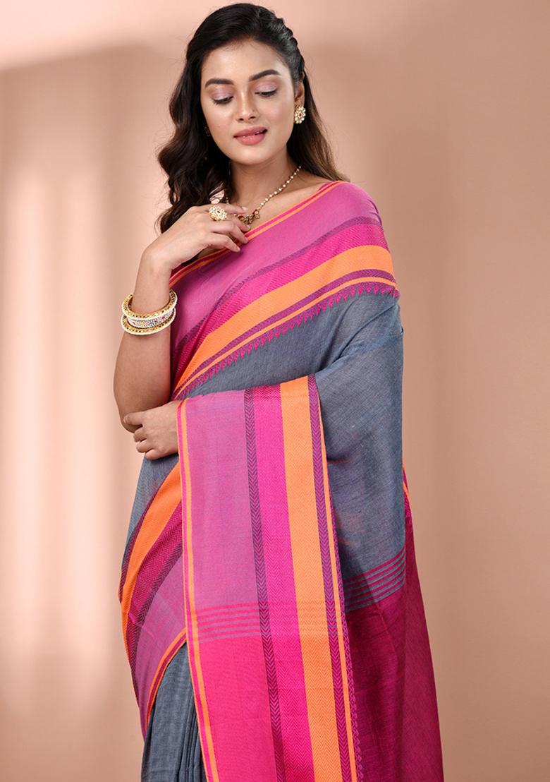 Grey Floral Embroidery Cotton Saree Set - Indya