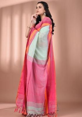 Mint Green Floral Embroidery Cotton Saree Set