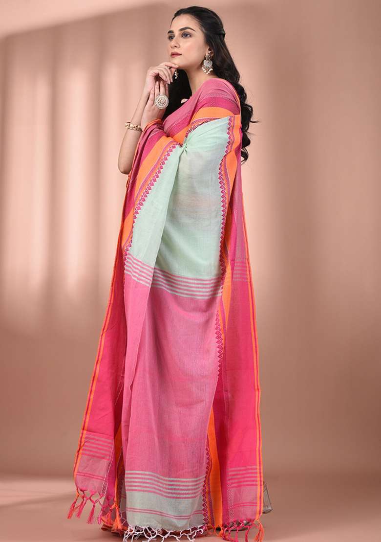 Mint Green Floral Cotton Saree Set with Embroidery for Diwali | Wedding & Festive Wear - Indya