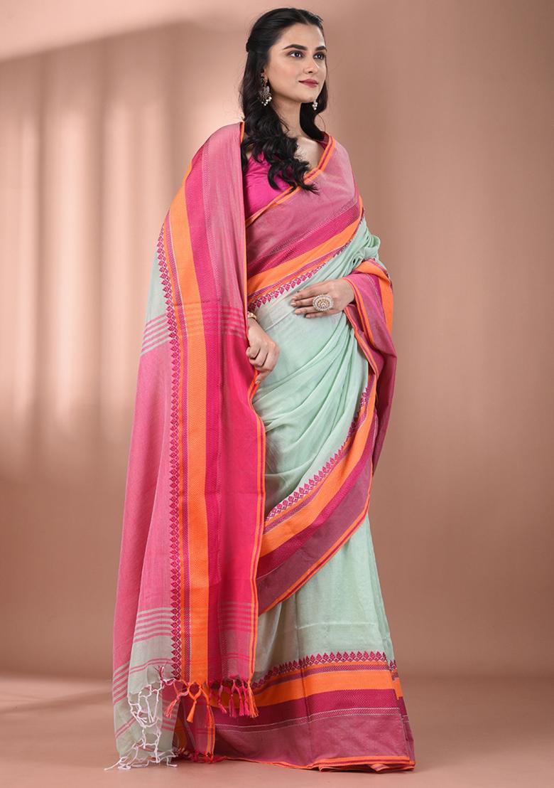 Mint Green Floral Embroidery Cotton Saree Set - Indya