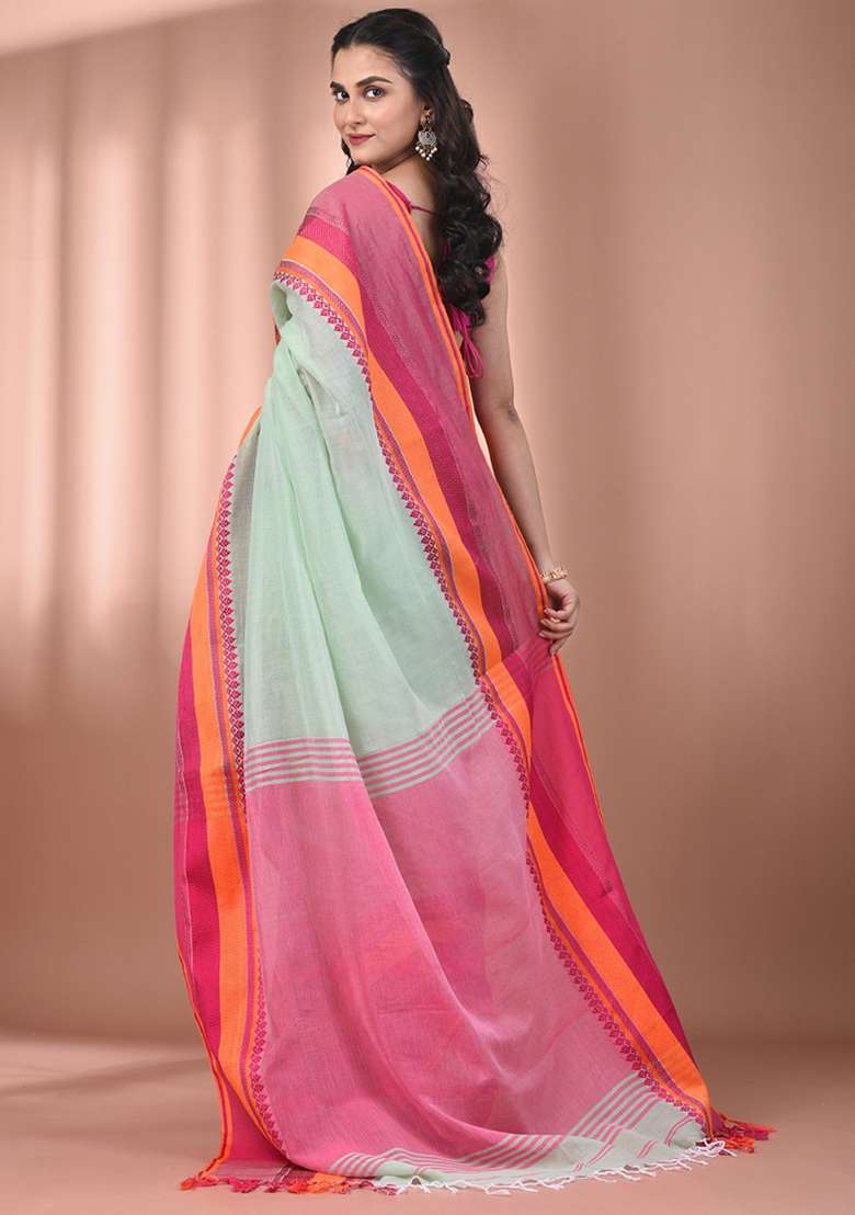 Mint Green Floral Cotton Saree Set with Embroidery for Diwali | Wedding & Festive Wear - Indya