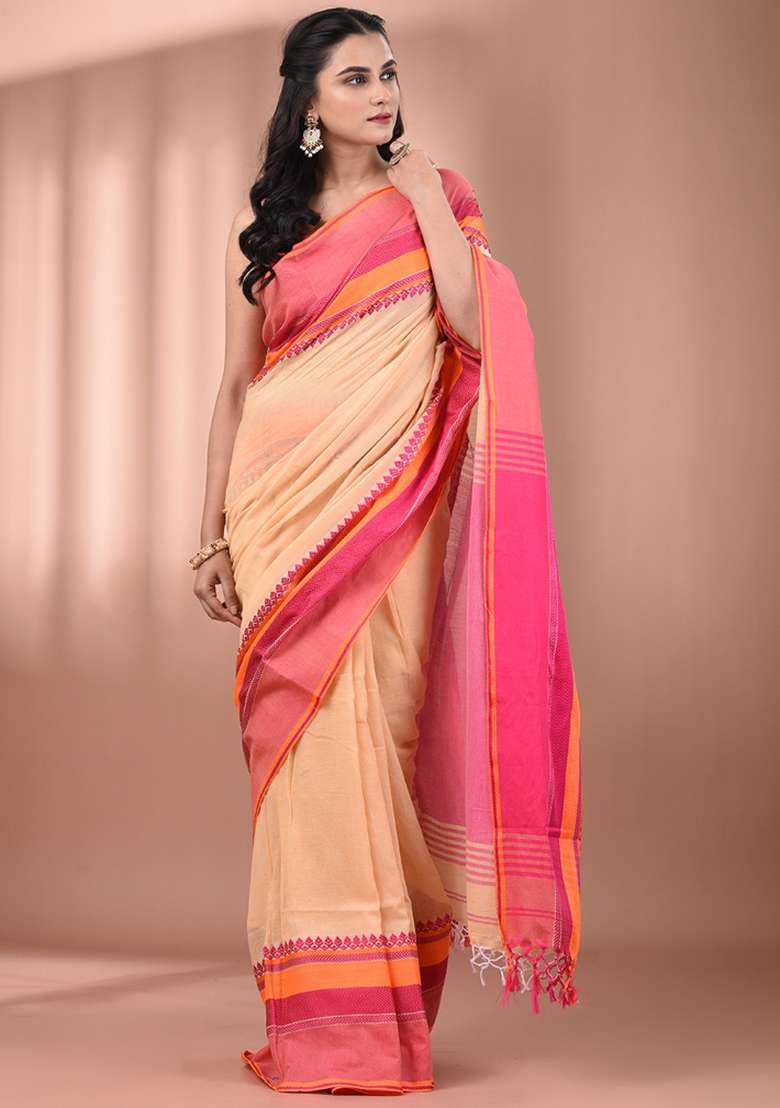 Beige Floral Embroidery Cotton Saree Set for Diwali and Festive Wear - Indya