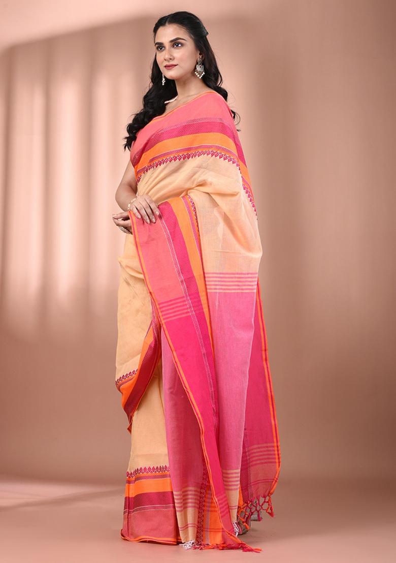 Beige Floral Embroidery Cotton Saree Set - Indya