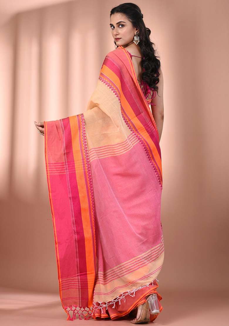Beige Floral Embroidery Cotton Saree Set for Diwali and Festive Wear - Indya