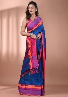 Sapphire Blue Floral Embroidery Cotton Saree Set