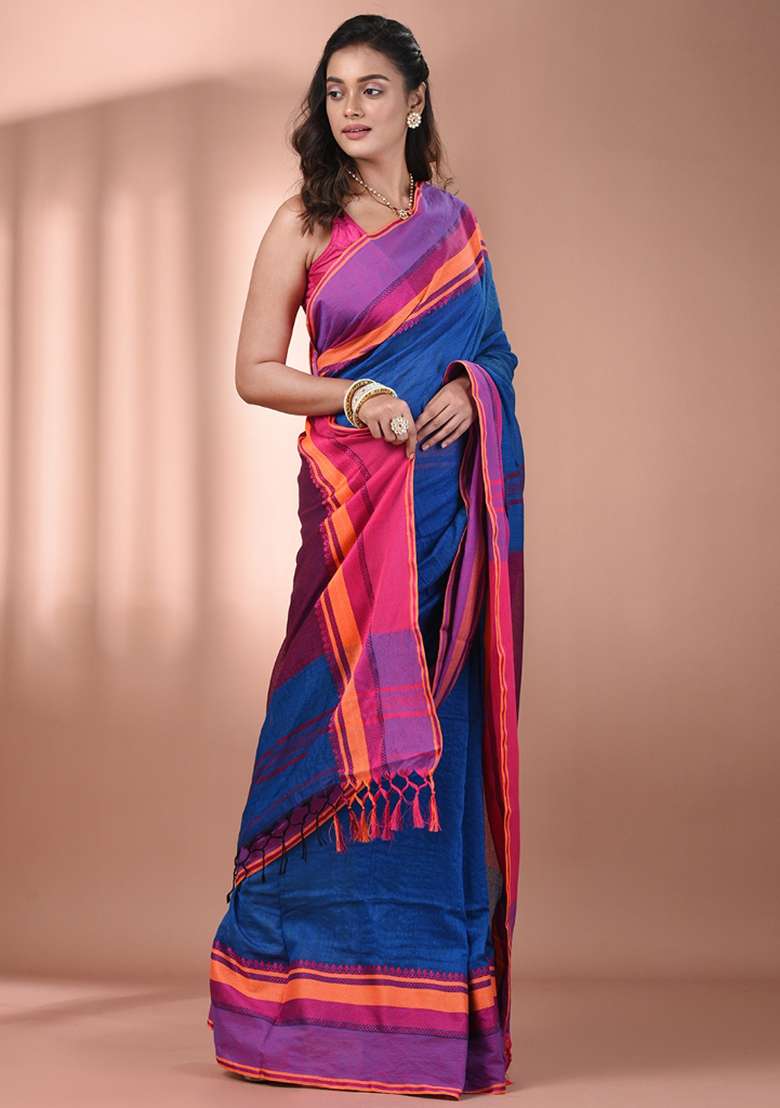Sapphire Blue Floral Cotton Saree Set with Embroidery for Diwali | Wedding & Festive Wear - Indya