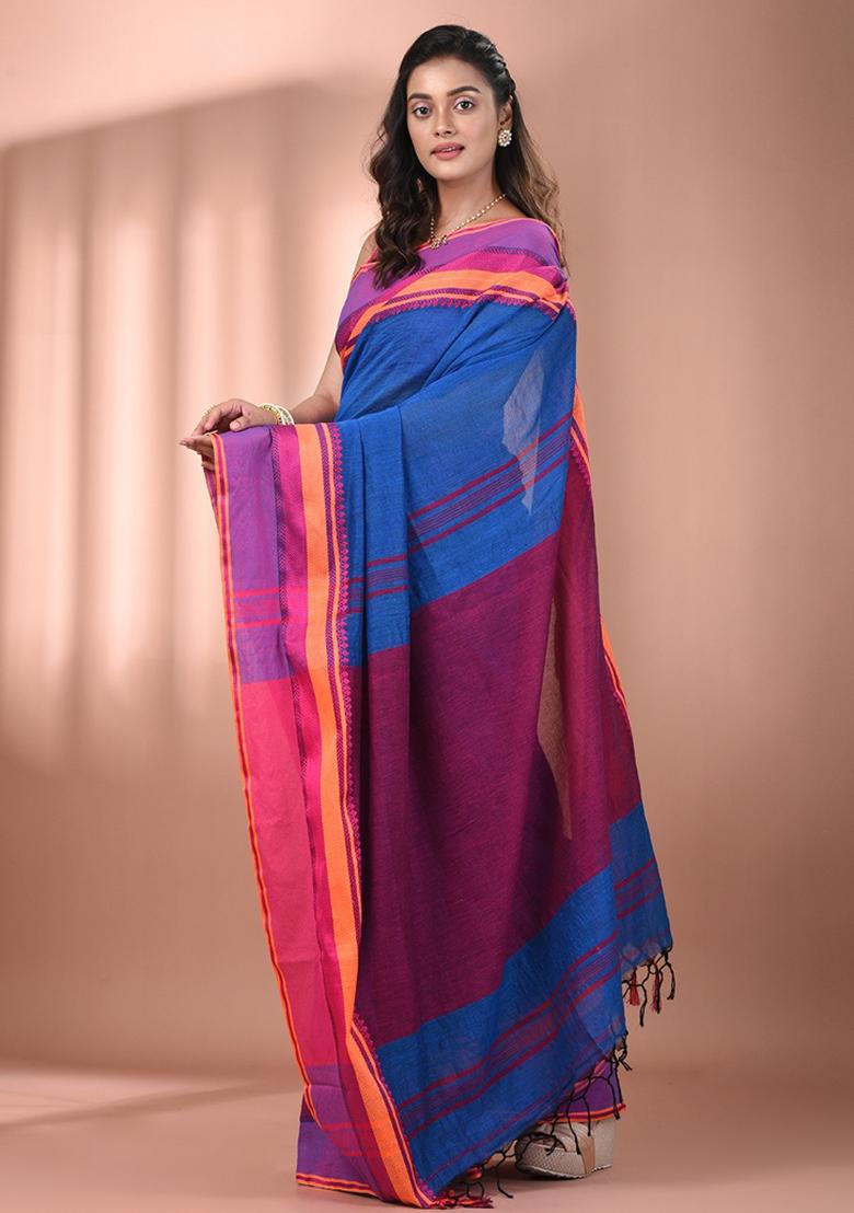 Sapphire Blue Floral Embroidery Cotton Saree Set - Indya