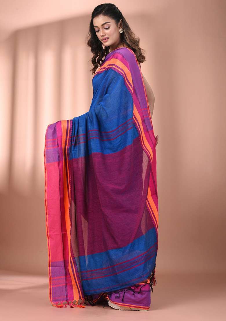 Sapphire Blue Floral Cotton Saree Set with Embroidery for Diwali | Wedding & Festive Wear - Indya