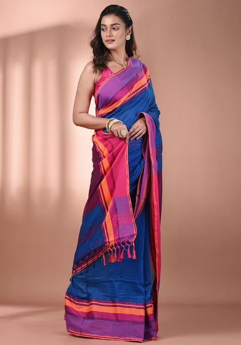 Sapphire Blue Floral Embroidery Cotton Saree Set