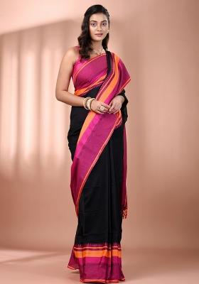 Black Floral Embroidery Cotton Saree Set