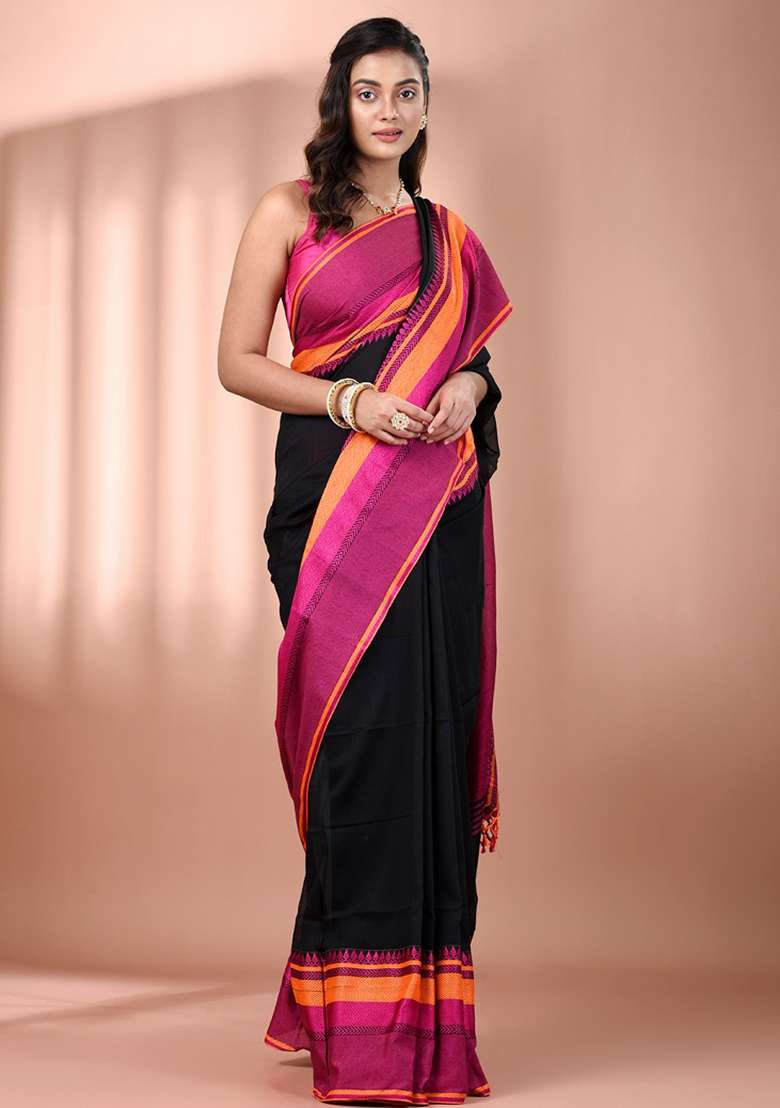Black Floral Embroidery Cotton Saree Set for Diwali and Festive Wear - Indya