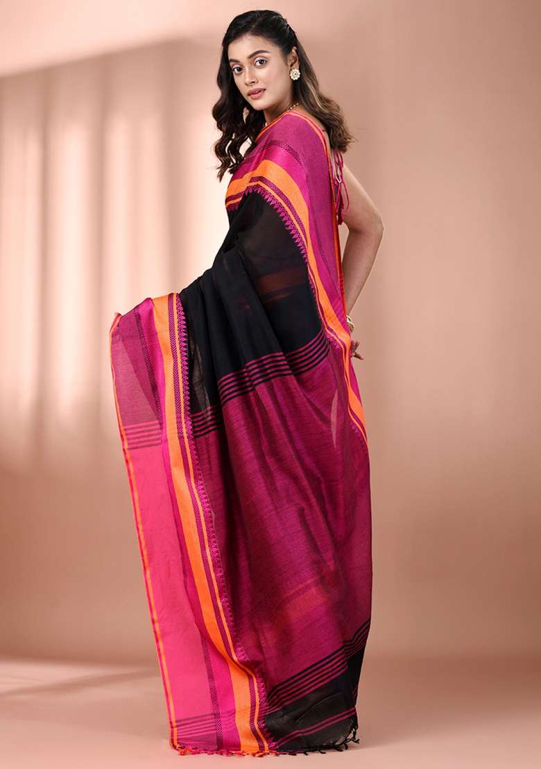 Black Floral Embroidery Cotton Saree Set for Diwali and Festive Wear - Indya