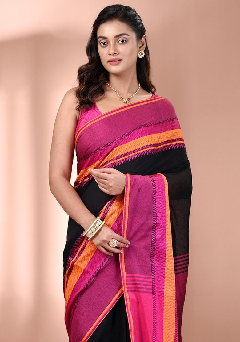 Black Floral Embroidery Cotton Saree Set - Indya