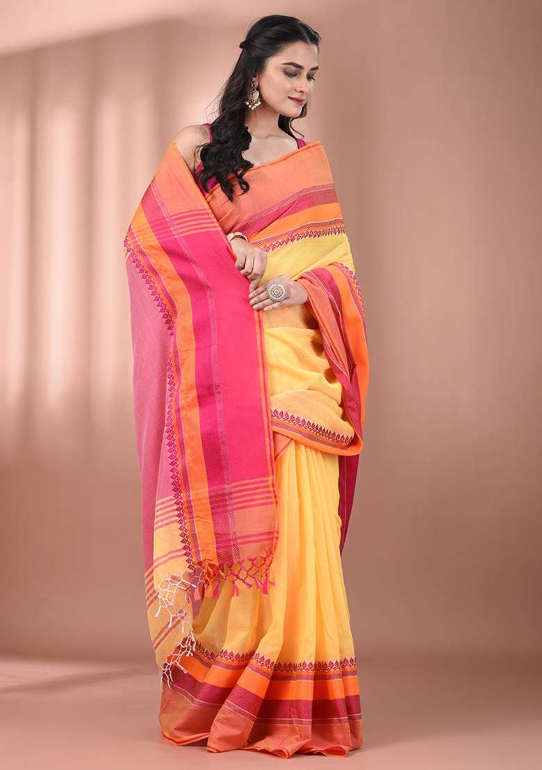 Yellow Floral Cotton Saree Set with Embroidery for Diwali | Wedding & Festive Wear - Indya