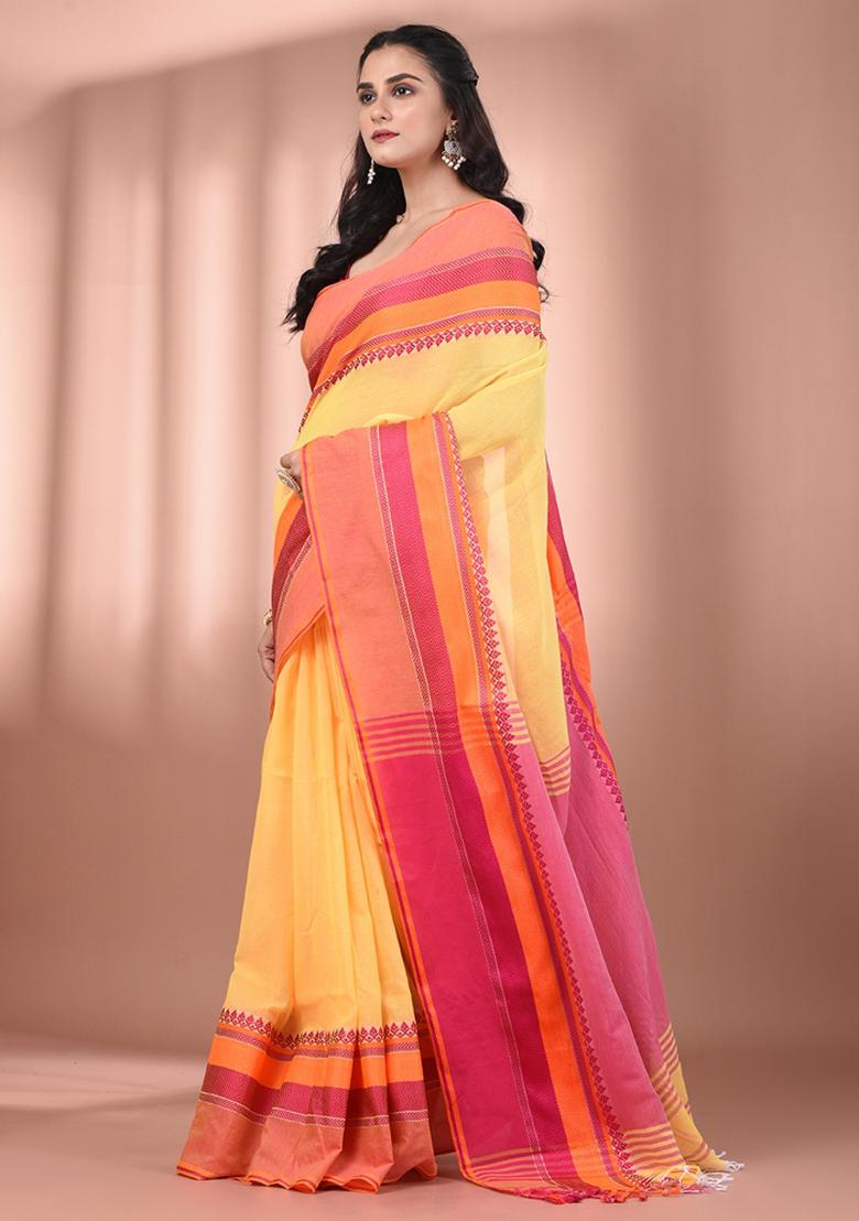 Yellow Floral Embroidery Cotton Saree Set - Indya