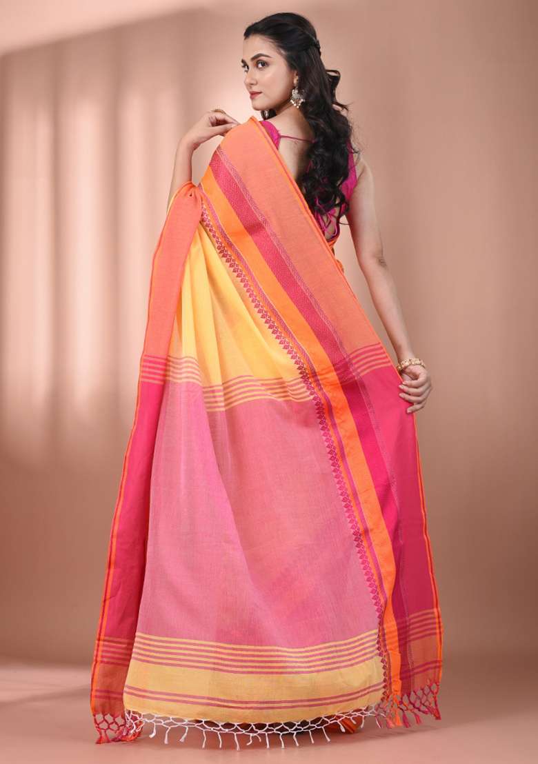 Yellow Floral Cotton Saree Set with Embroidery for Diwali | Wedding & Festive Wear - Indya