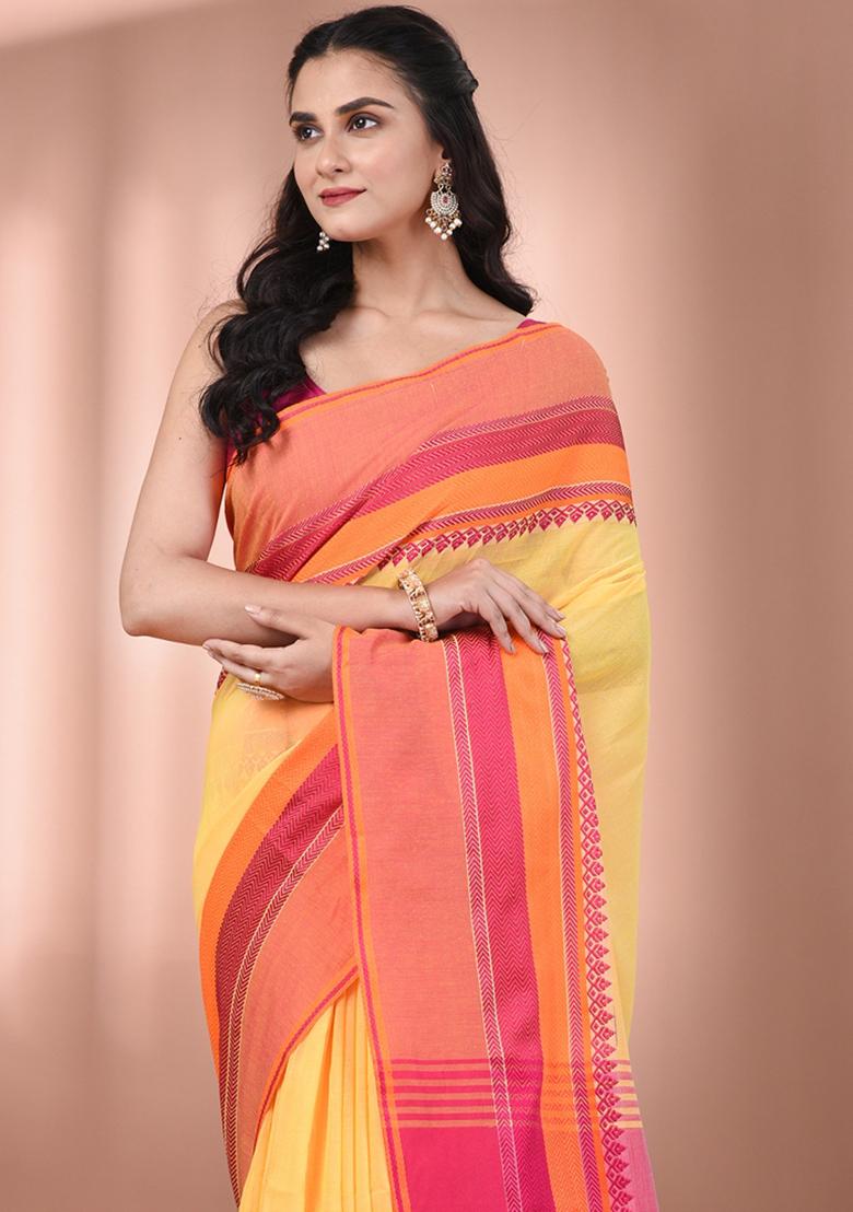 Yellow Floral Embroidery Cotton Saree Set - Indya