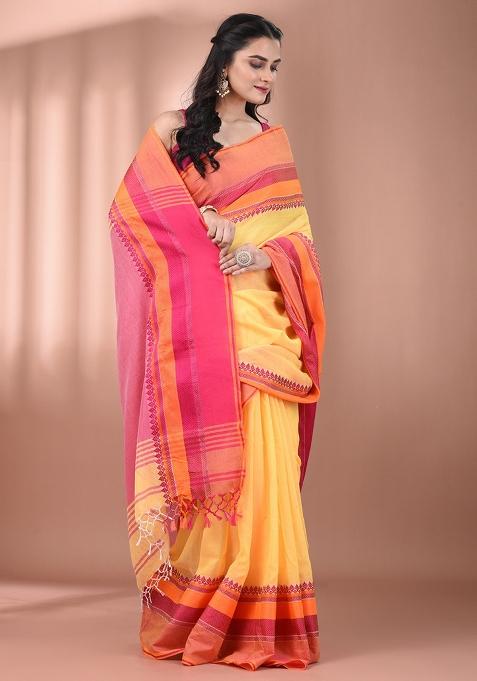 Yellow Floral Embroidery Cotton Saree Set