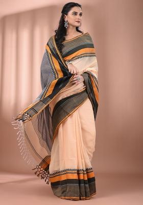 Beige Floral Embroidery Cotton Saree Set