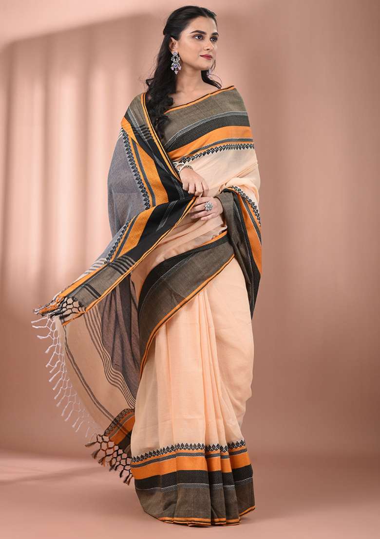 Beige Floral Embroidery Cotton Saree Set - Indya