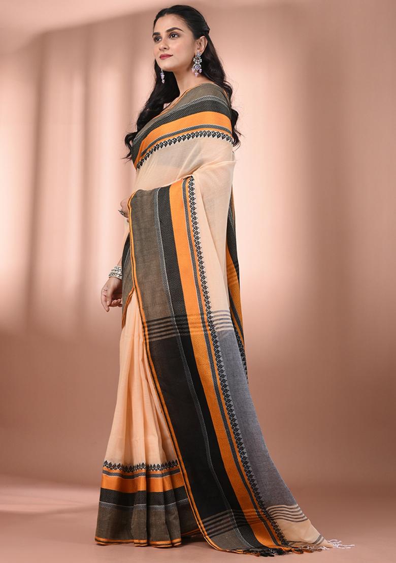 Beige Floral Embroidery Cotton Saree Set - Indya