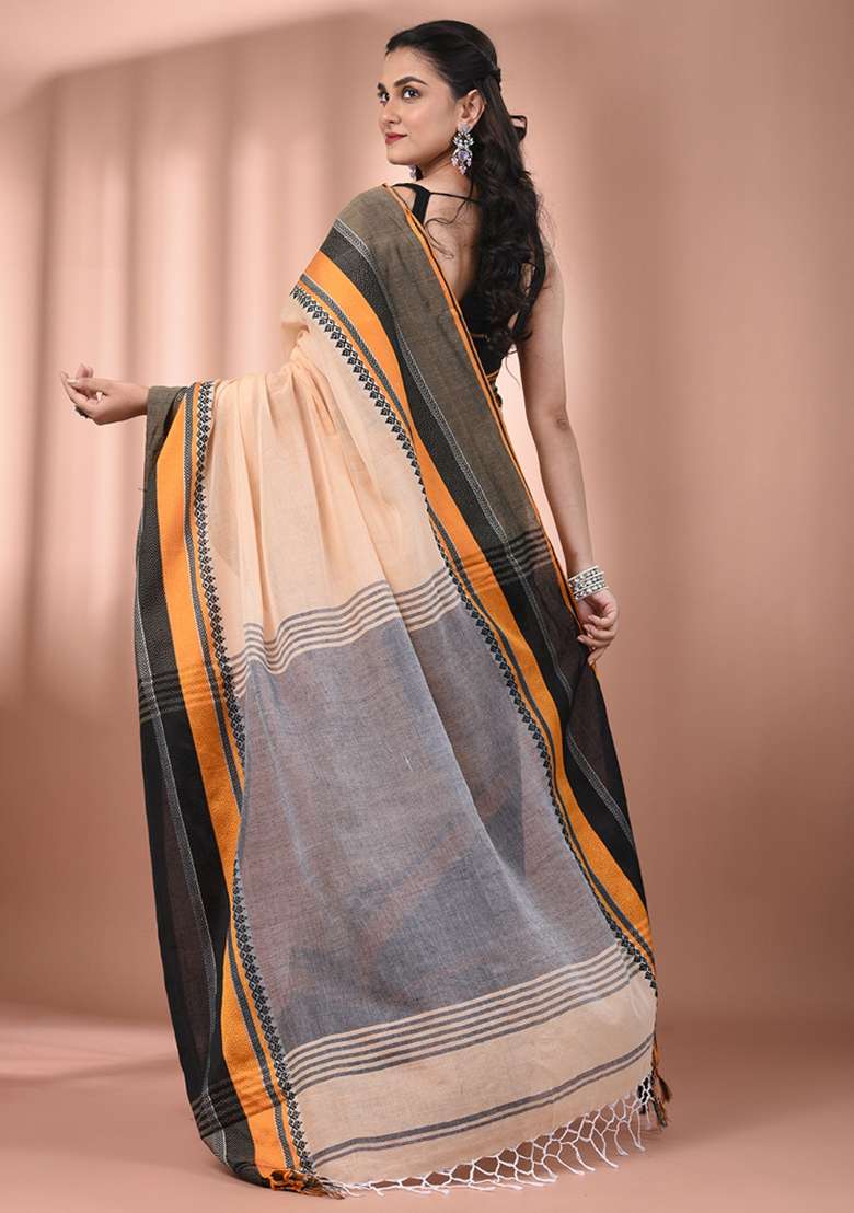 Beige Floral Embroidery Cotton Saree Set - Indya