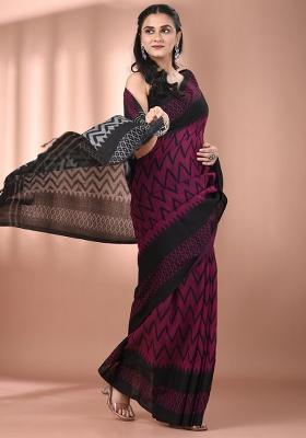 Magenta Floral Embroidery Cotton Saree Set