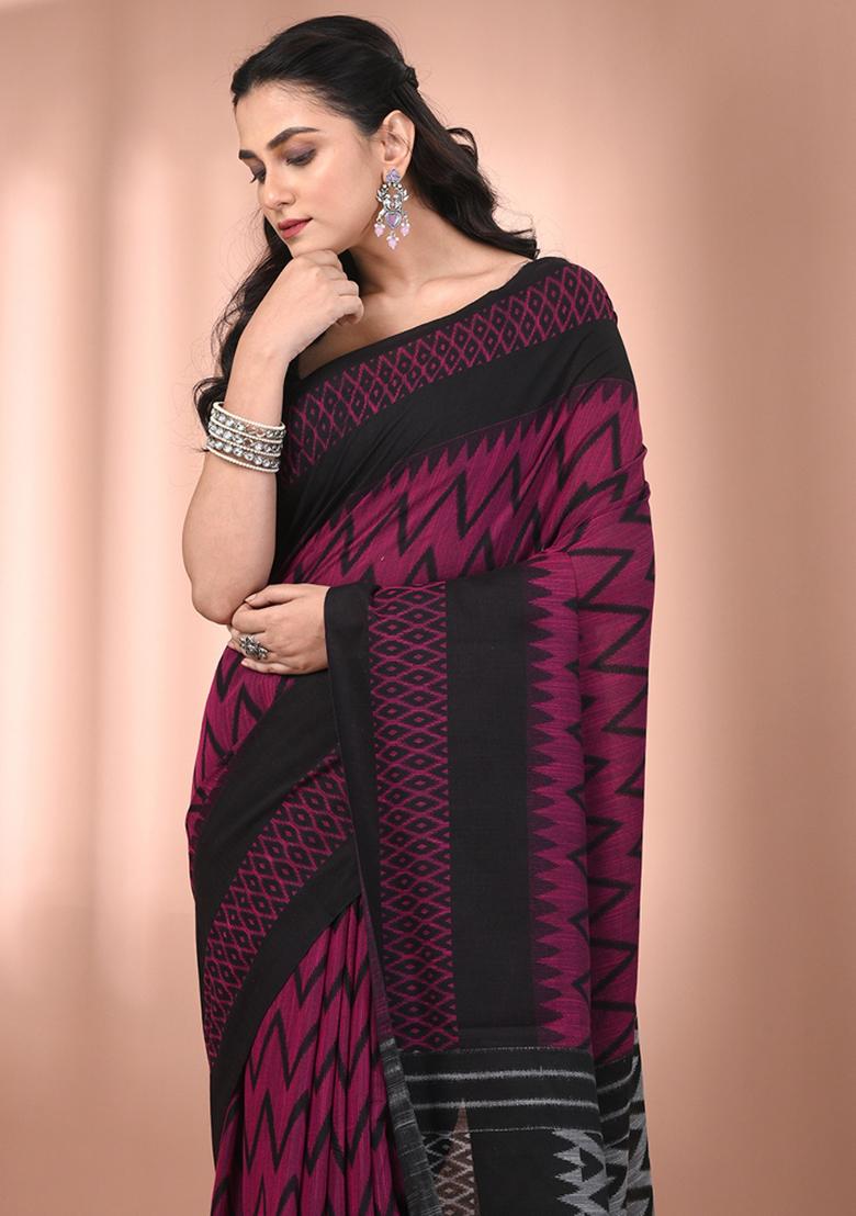 Magenta Floral Embroidery Cotton Saree Set - Indya