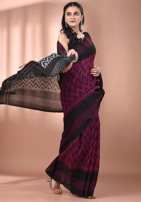 Magenta Floral Embroidery Cotton Saree Set