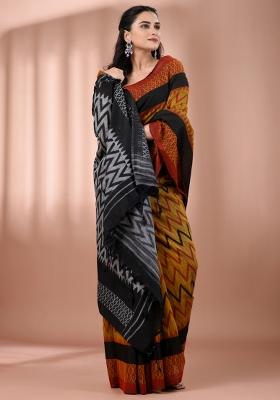 Mustard Floral Embroidery Cotton Saree Set