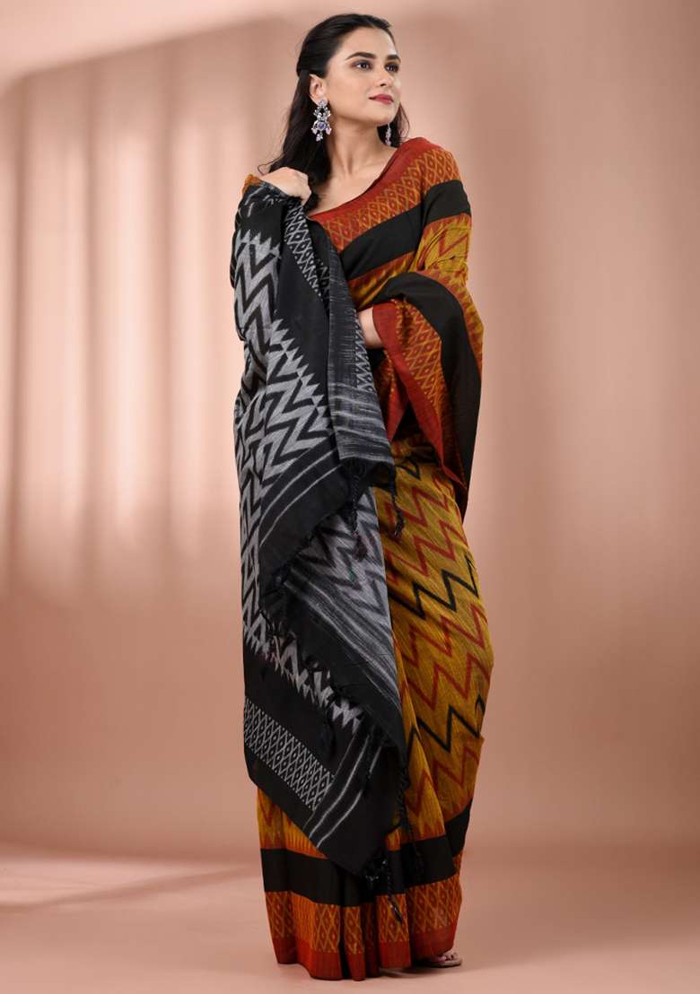 Mustard Floral Cotton Saree Set with Embroidery for Diwali | Wedding & Festive Wear - Indya