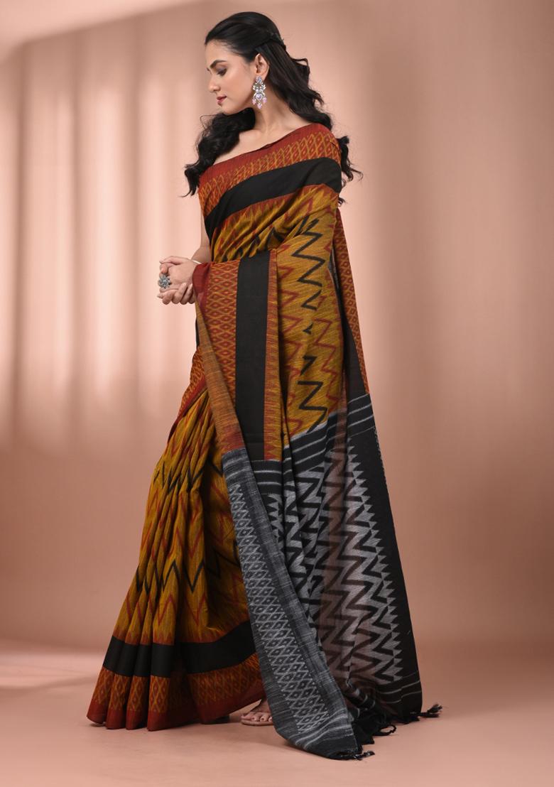 Mustard Floral Embroidery Cotton Saree Set - Indya