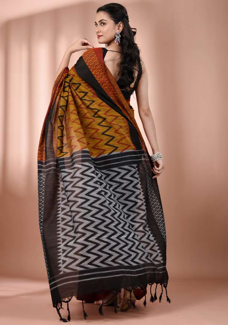 Mustard Floral Cotton Saree Set with Embroidery for Diwali | Wedding & Festive Wear - Indya