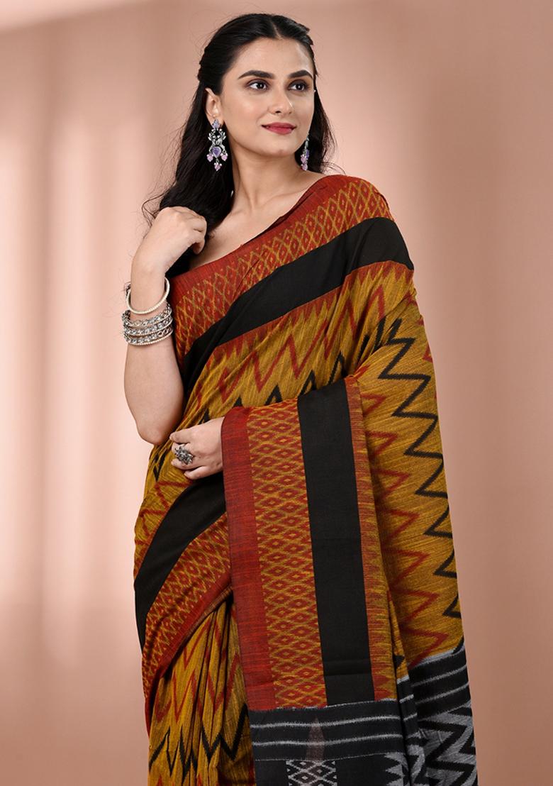 Mustard Floral Embroidery Cotton Saree Set - Indya